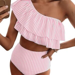 Pink and White Striped One-Shoulder Bikini